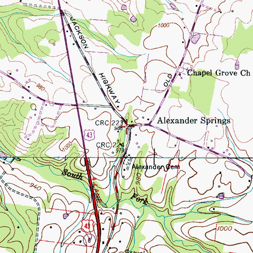 Topographic Map of Alexander Springs, TN