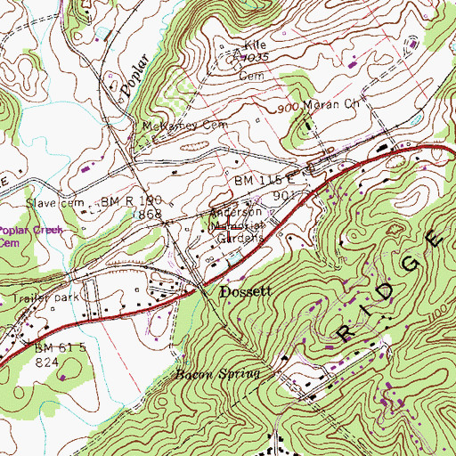 Topographic Map of Anderson Memorial Gardens, TN