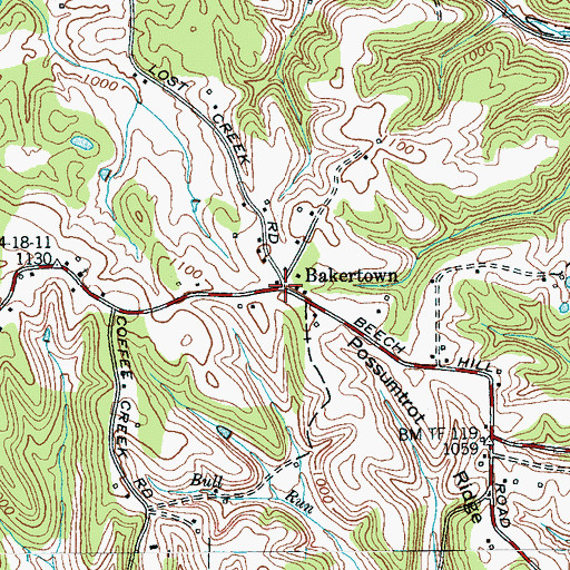 Topographic Map of Bakertown, TN