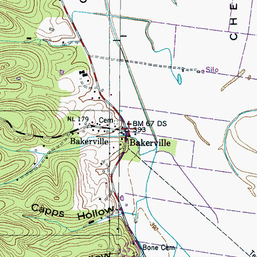 Topographic Map of Bakerville, TN