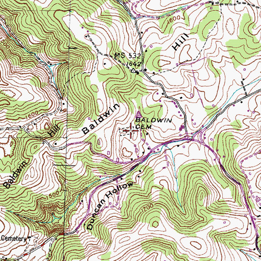 Topographic Map of Baldwin Cemetery, TN