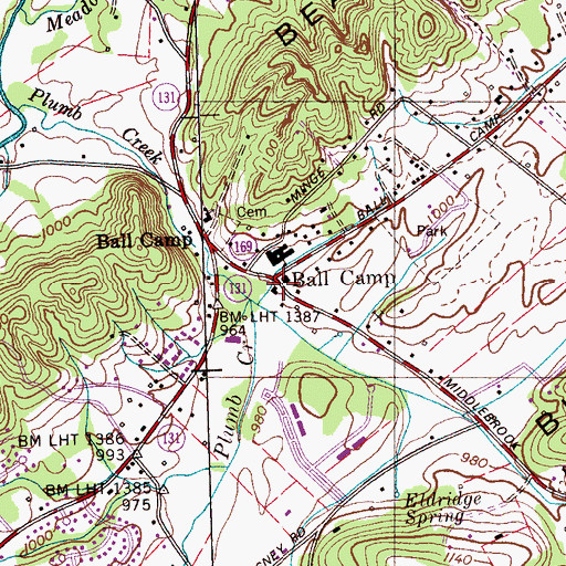 Topographic Map of Ball Camp, TN
