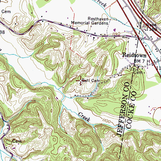Topographic Map of Ball Cemetery, TN