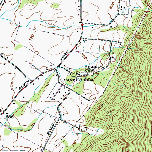 Topographic Map of Barker Cemetery, TN
