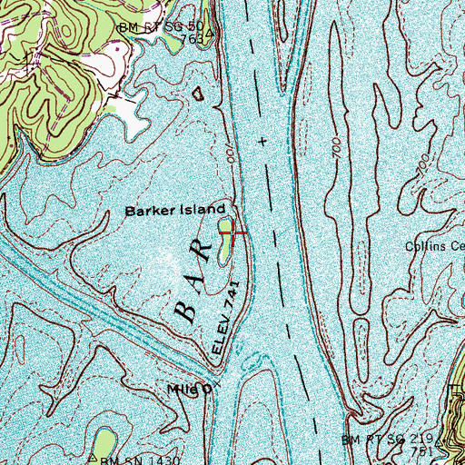 Topographic Map of Barker Island, TN