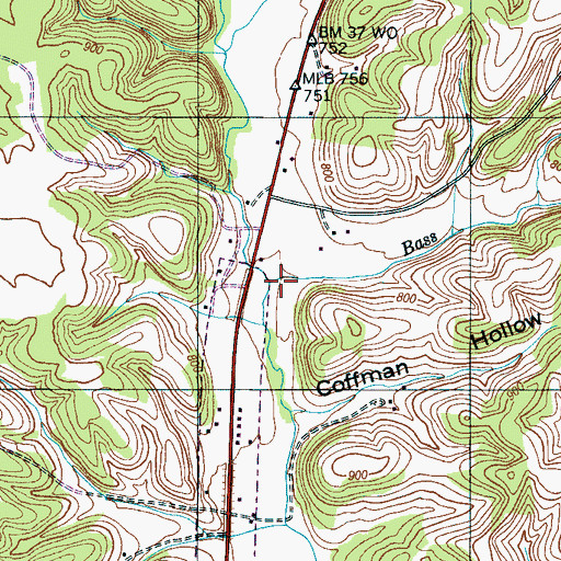 Topographic Map of Bass Branch, TN