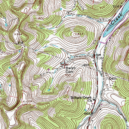 Topographic Map of Bates Cemetery, TN