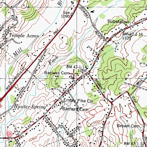 Topographic Map of Bayless Cemetery, TN
