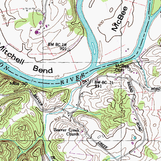 Topographic Map of Beaver Creek, TN