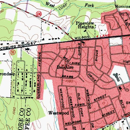 Topographic Map of Bel-Aire, TN