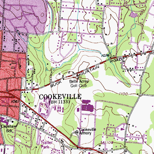 Topographic Map of Belle Acres Golf Club, TN