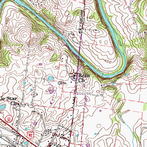 Topographic Map of Bells Church, TN