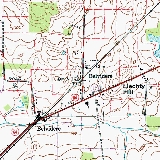 Topographic Map of Belvidere, TN