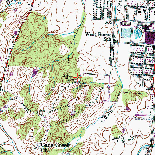Topographic Map of Bemis Cemetery, TN