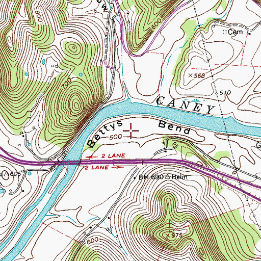 Topographic Map of Bettys Bend, TN