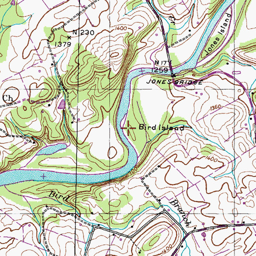 Topographic Map of Bird Island, TN