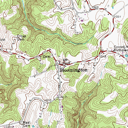 Topographic Map of Bloomington, TN