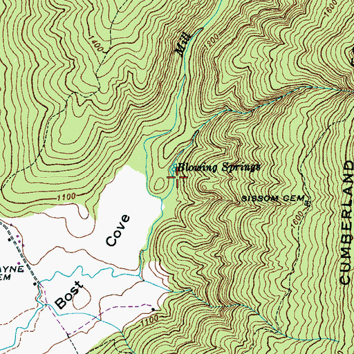 Topographic Map of Blowing Springs, TN