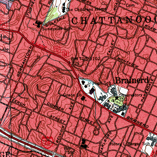 Topographic Map of Brainerd, TN