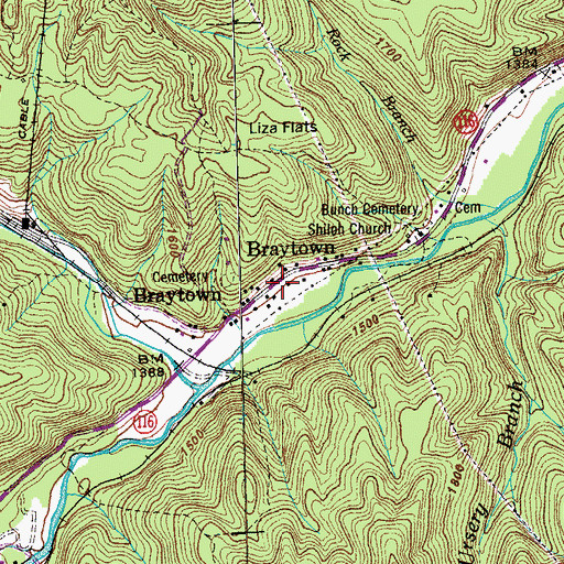 Topographic Map of Braytown, TN