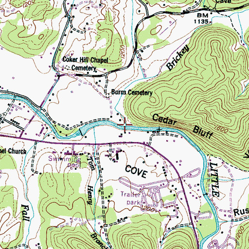 Topographic Map of Brickey Branch, TN