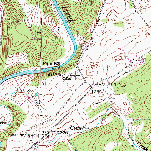 Topographic Map of Burchett Cemetery, TN