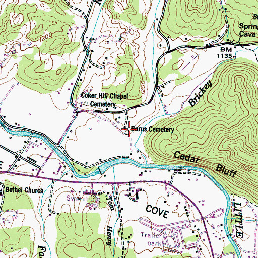 Topographic Map of Burns Cemetery, TN