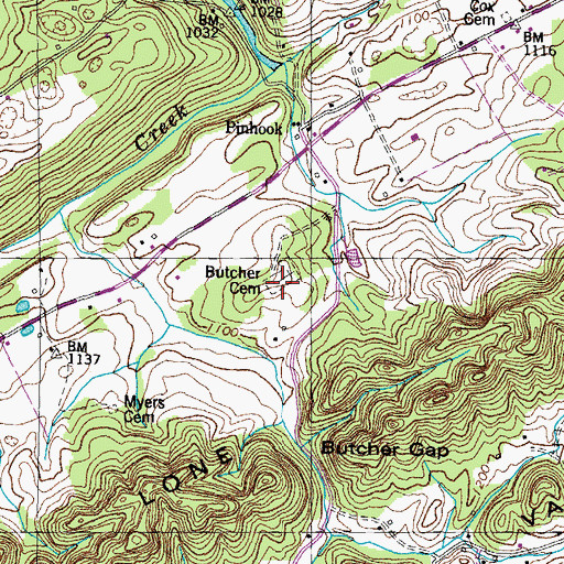 Topographic Map of Butcher Cemetery, TN