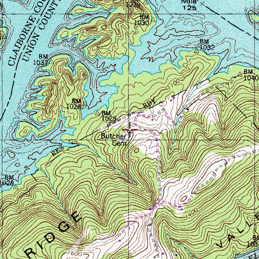 Topographic Map of Butcher Cemetery, TN