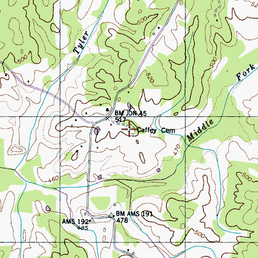 Topographic Map of Caffey Cemetery, TN
