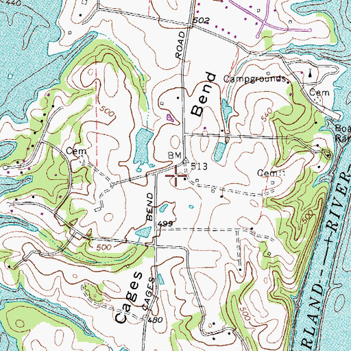 Topographic Map of Cages Bend, TN