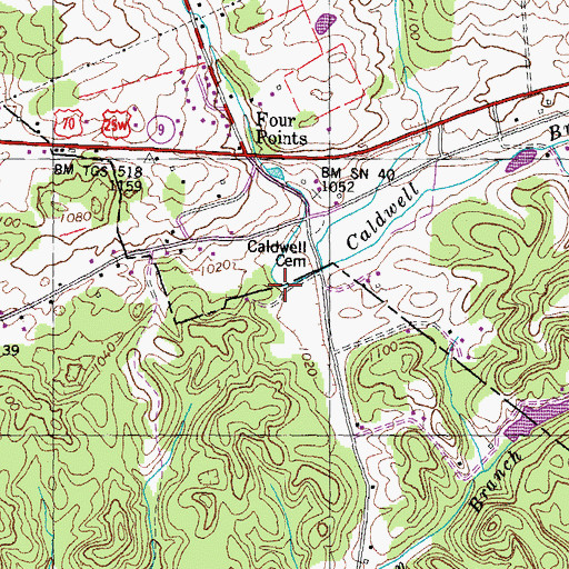 Topographic Map of Caldwell Branch, TN
