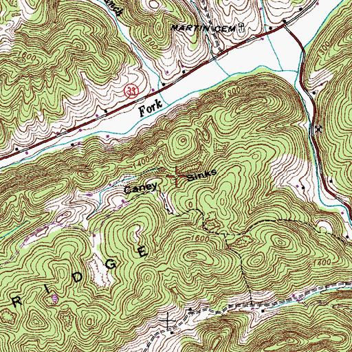 Topographic Map of Caney Sinks, TN