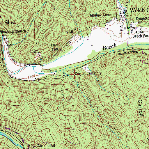 Topographic Map of Carroll Cemetery, TN