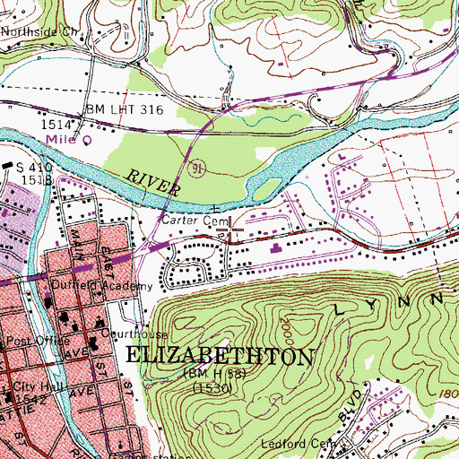 Topographic Map of Carter Cemetery, TN