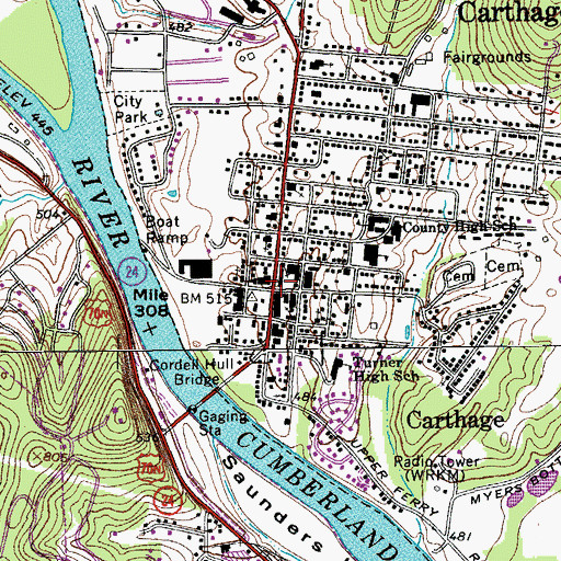 Topographic Map of Carthage, TN