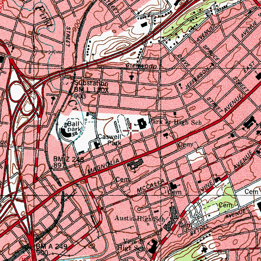 Topographic Map of Caswell Park, TN