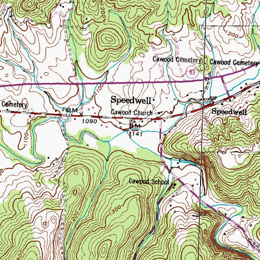 Topographic Map of Cawood Branch, TN