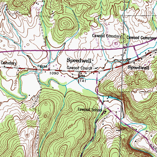 Topographic Map of Cawood Branch, TN
