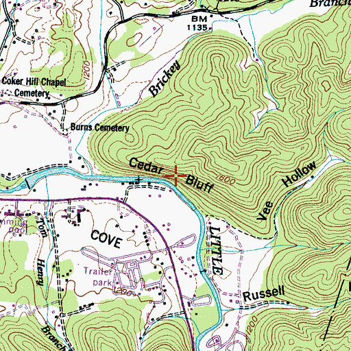 Topographic Map of Cedar Bluff, TN