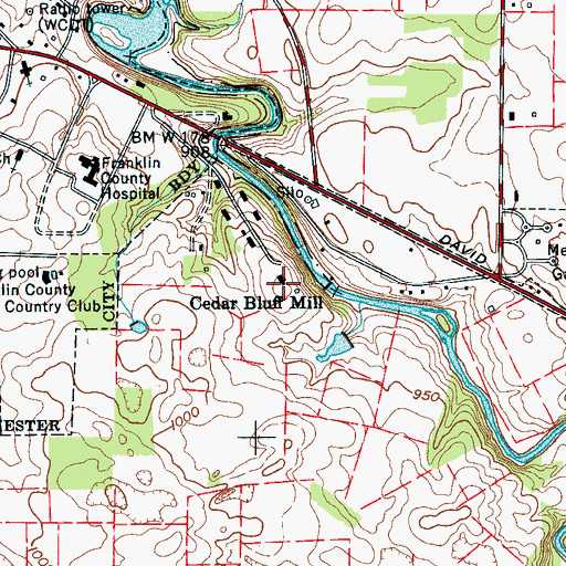 Topographic Map of Cedar Bluff Mill, TN