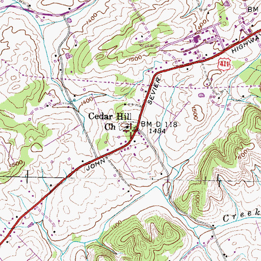 Topographic Map of Cedar Hill Church, TN