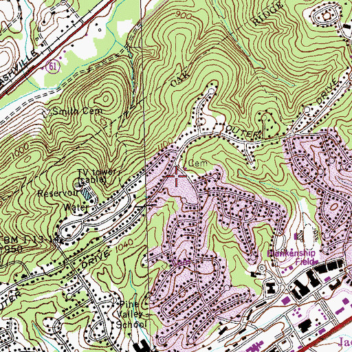Topographic Map of Cedar Hill School, TN