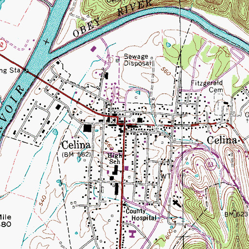 Topographic Map of Celina, TN