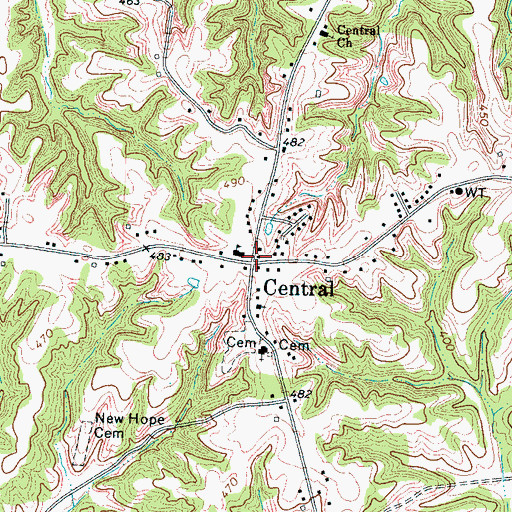 Topographic Map of Central, TN