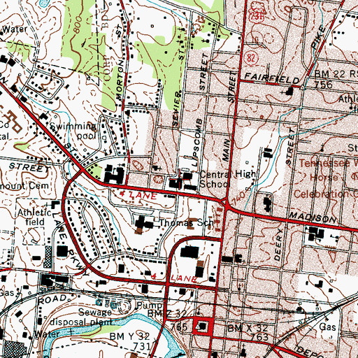 Topographic Map of Central High School, TN