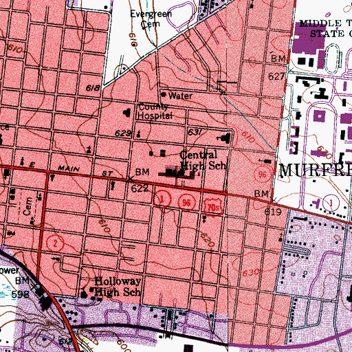 Topographic Map of Central High School, TN