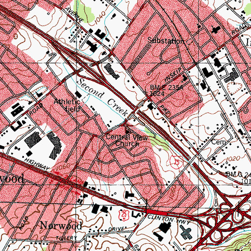 Topographic Map of Central View Church, TN