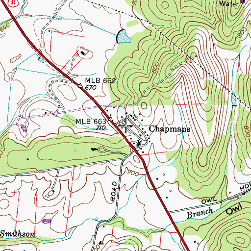 Topographic Map of Chapmans, TN
