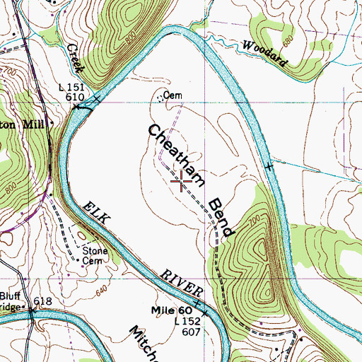 Topographic Map of Cheatham Bend, TN